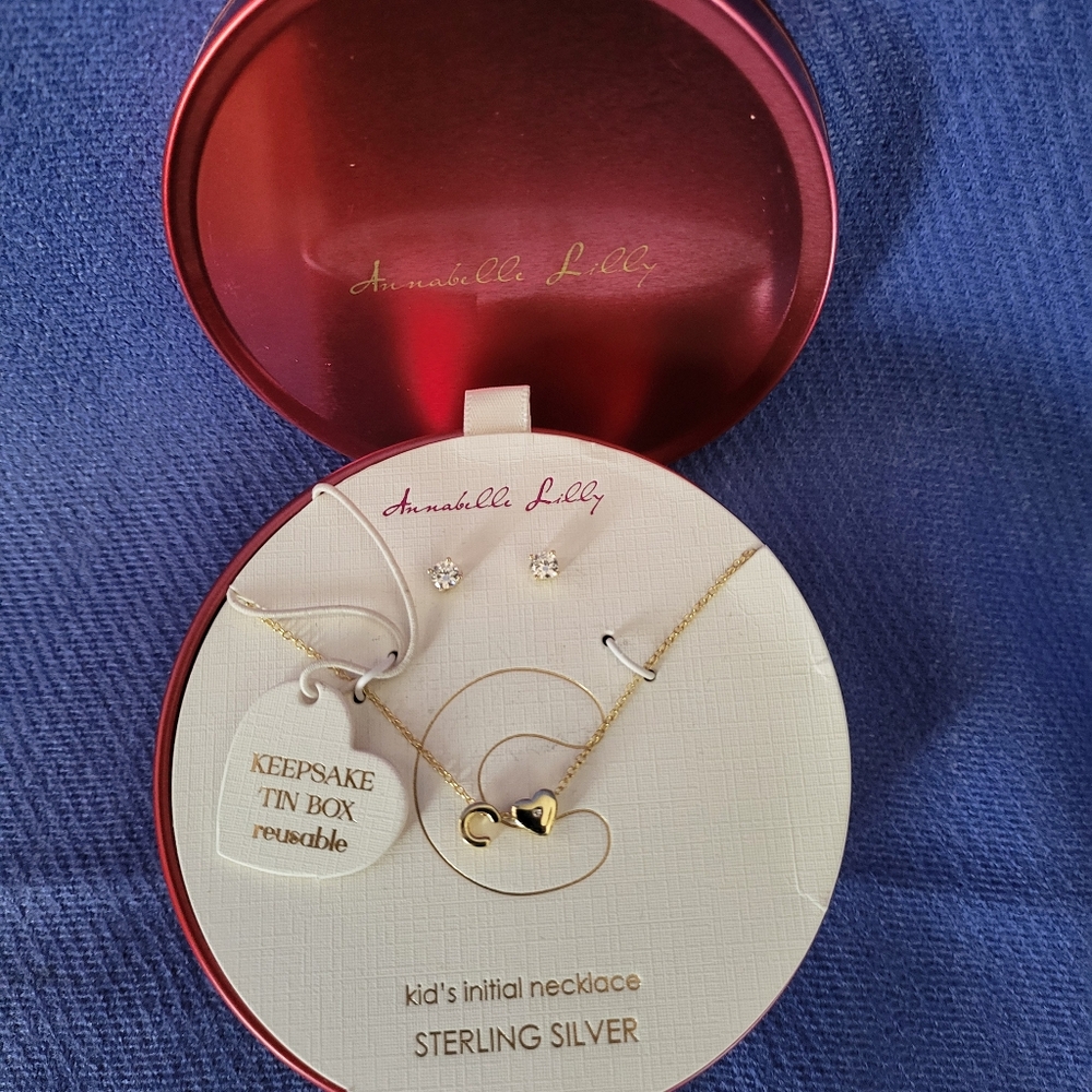 Annabelle Lilly, sterling silver 14+2" initial necklace and earrings for kids.